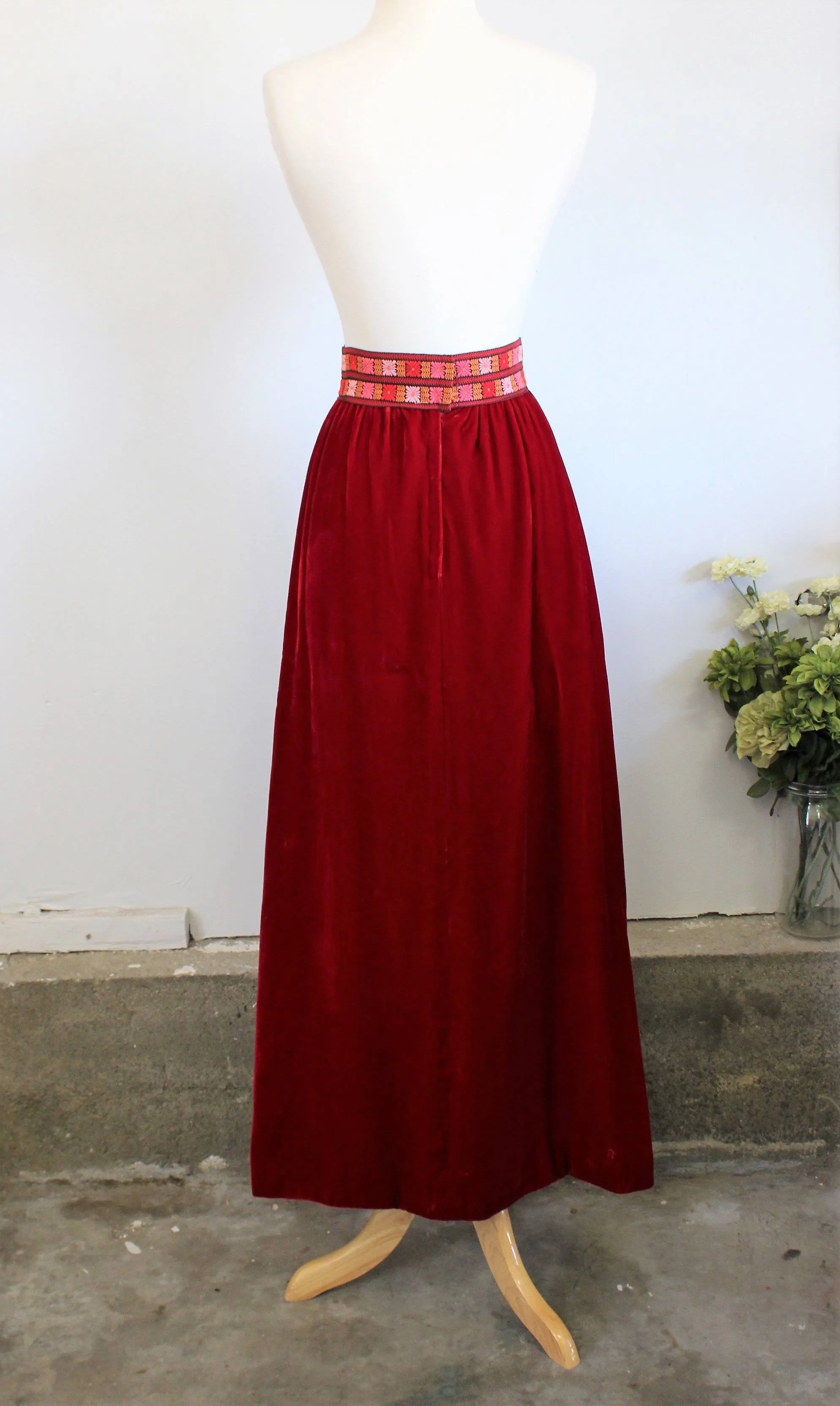 Vintage 1970s Red Velvet Maxi Skirt