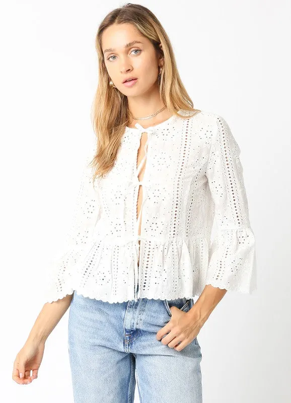 Waitlist 2/20 ♥ Shelby 3/4 Ruffle Sleeve Front Tie Eyelet Top White