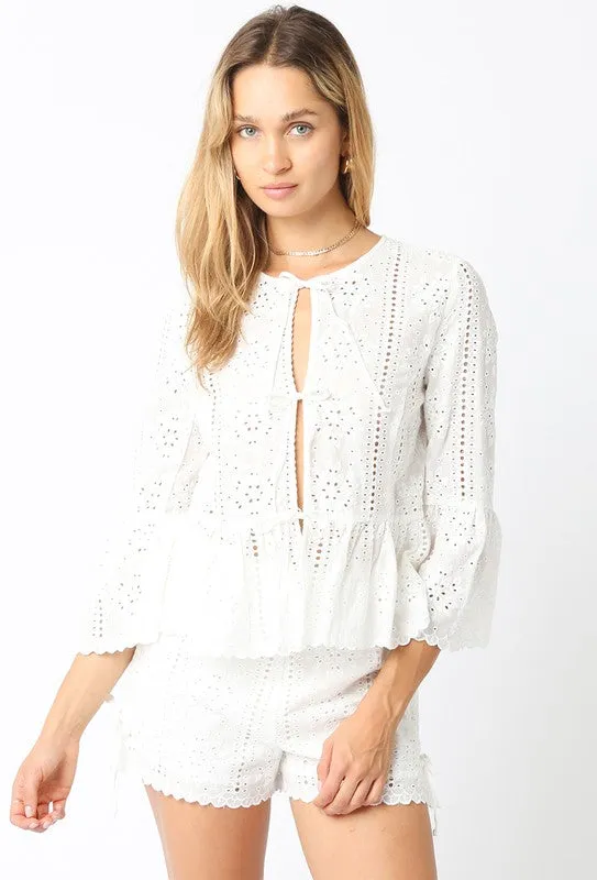 Waitlist 2/20 ♥ Shelby 3/4 Ruffle Sleeve Front Tie Eyelet Top White