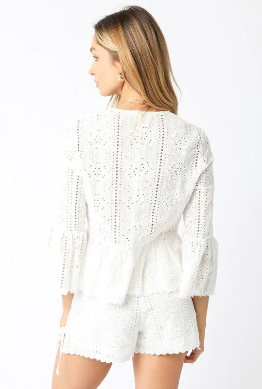 Waitlist 2/20 ♥ Shelby 3/4 Ruffle Sleeve Front Tie Eyelet Top White