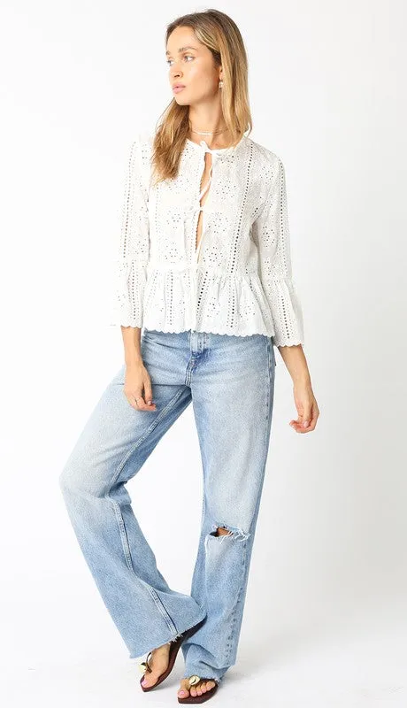 Waitlist 2/20 ♥ Shelby 3/4 Ruffle Sleeve Front Tie Eyelet Top White