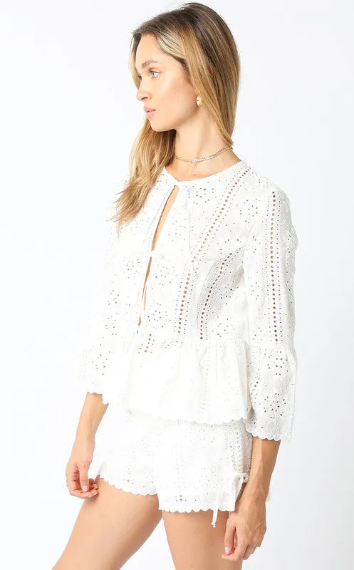 Waitlist 2/20 ♥ Shelby 3/4 Ruffle Sleeve Front Tie Eyelet Top White