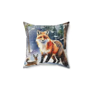Winter Wonderland Fox and Rabbit Spun Polyester Square Pillow