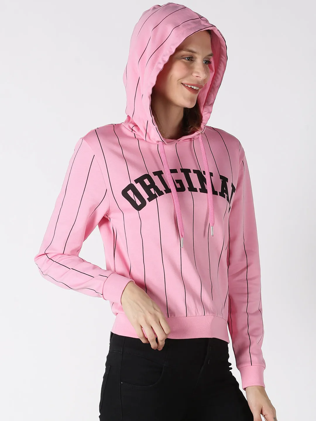 Women Pink Printed Pullover Hoodie Sweatshirt