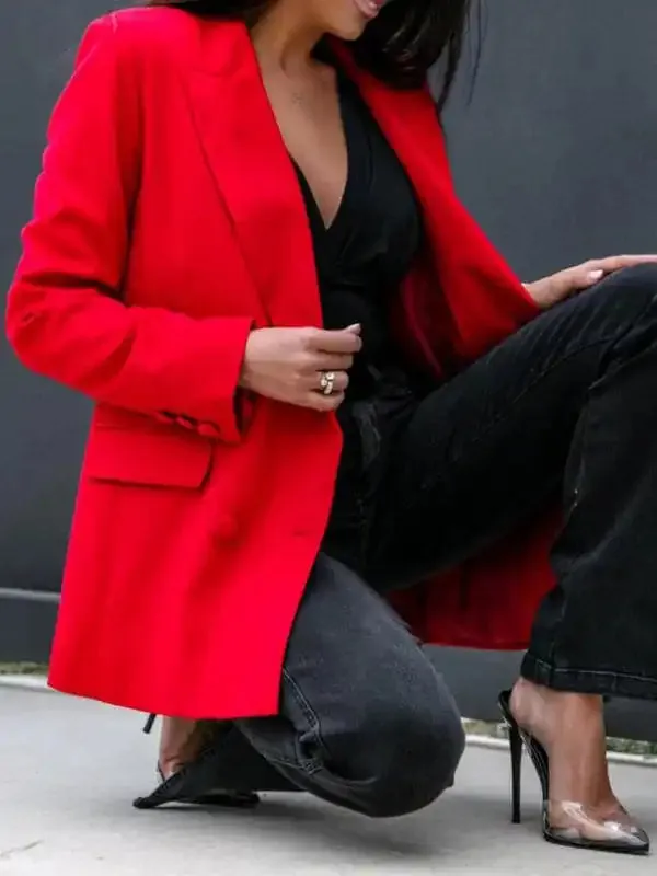 Women’s fashion autumn and winter long-sleeved double-breasted suit collar jacket