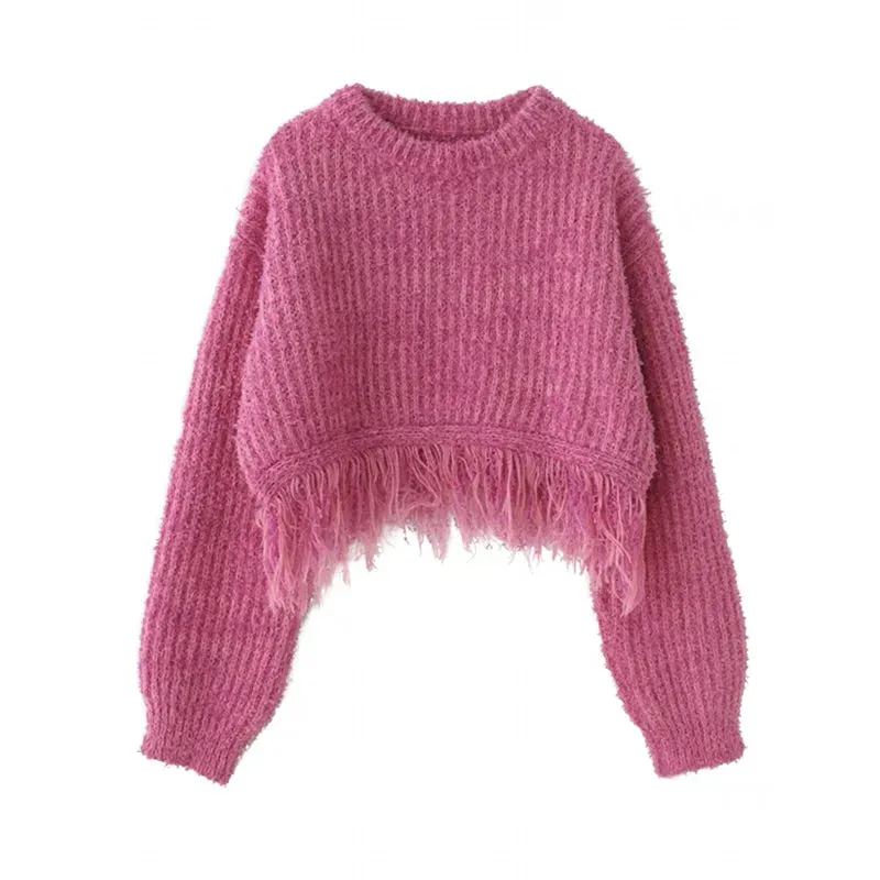 Y2K 90s Irregualr Tassels Sweater Females Round Neck Long Sleeve Korean Fashion Pullover Jumper 2023 New Fashion Clothes C-060