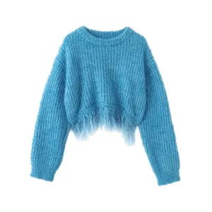 Y2K 90s Irregualr Tassels Sweater Females Round Neck Long Sleeve Korean Fashion Pullover Jumper 2023 New Fashion Clothes C-060