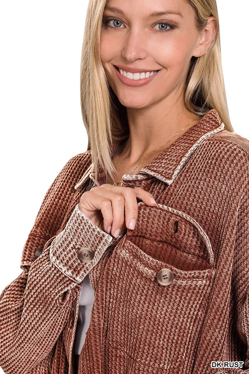 Zenana Acid Wash Oversized Waffle Shacket