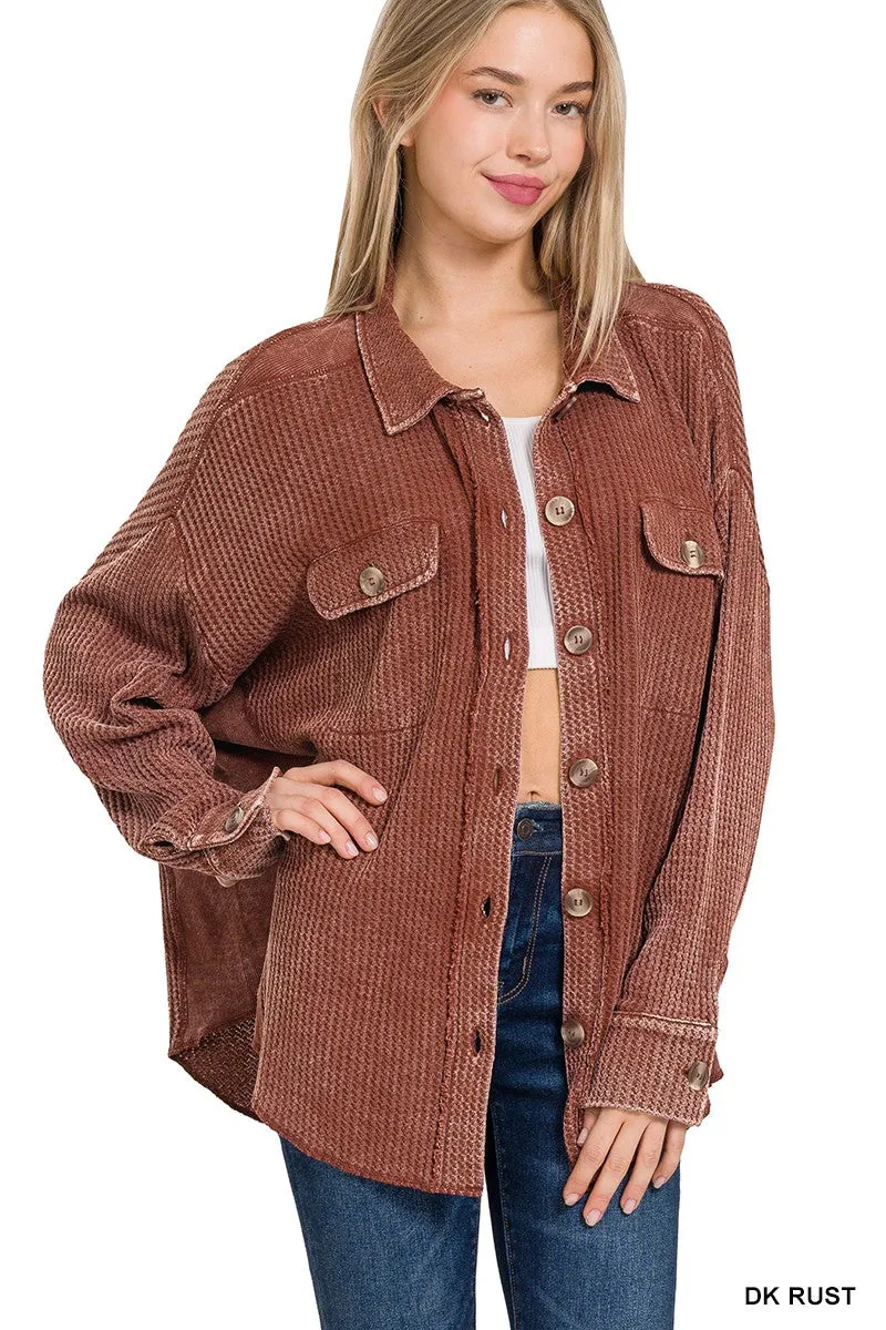Zenana Acid Wash Oversized Waffle Shacket